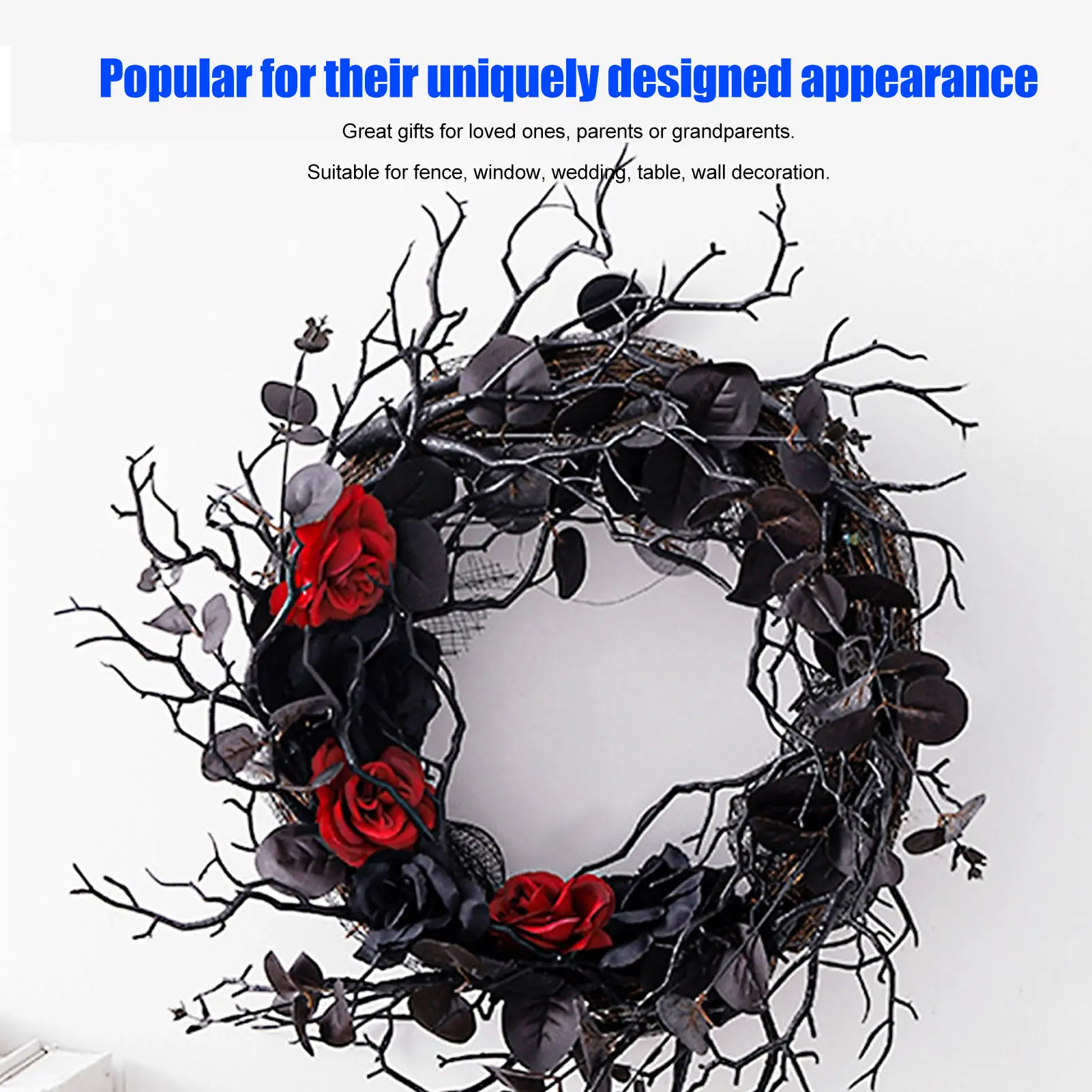 ABS Wreath Garland Halloween Wreath Dead Black ABS Artificial Branches Design with Red Flower Door Wreath Garland for Decoration