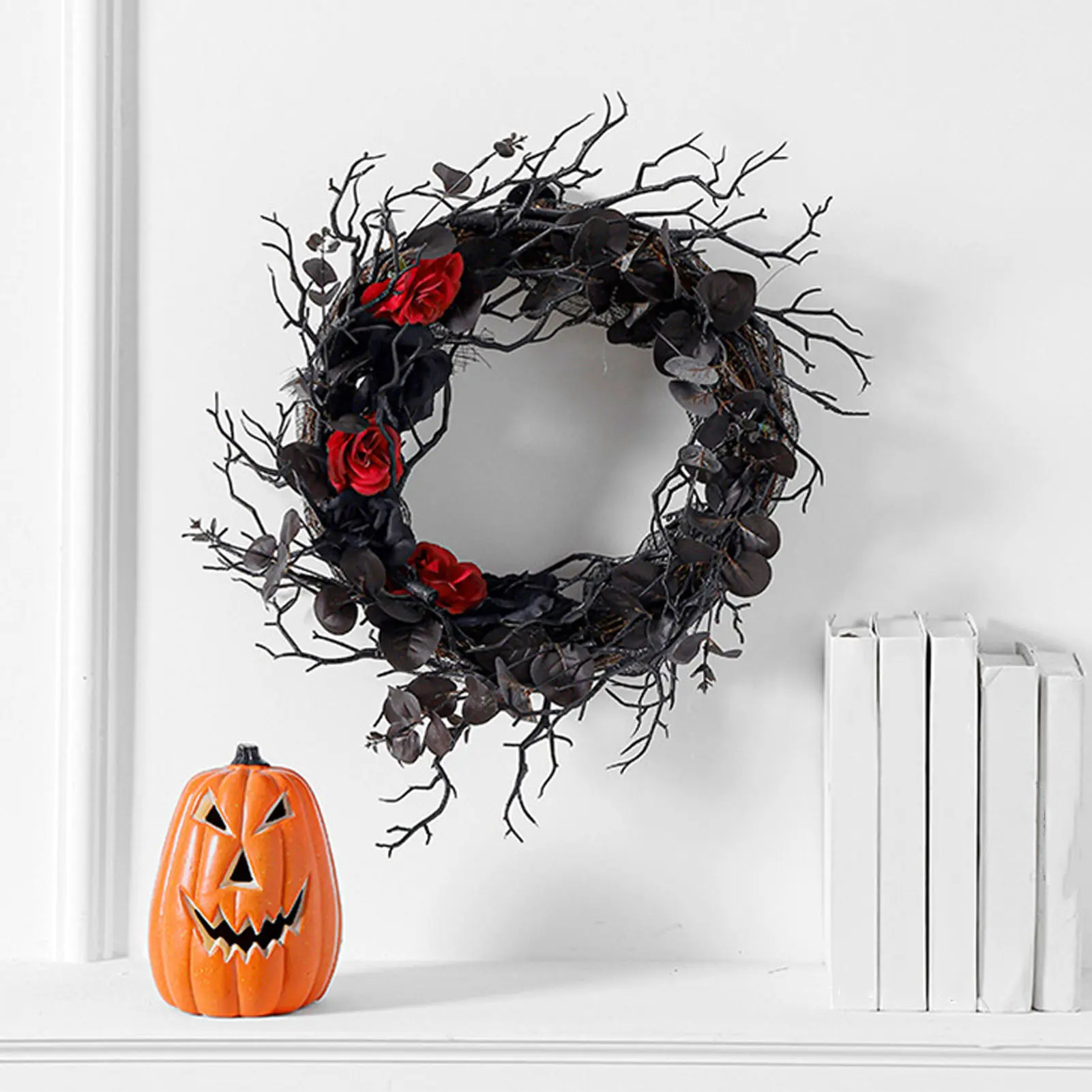 ABS Wreath Garland Halloween Wreath Dead Black ABS Artificial Branches Design with Red Flower Door Wreath Garland for Decoration
