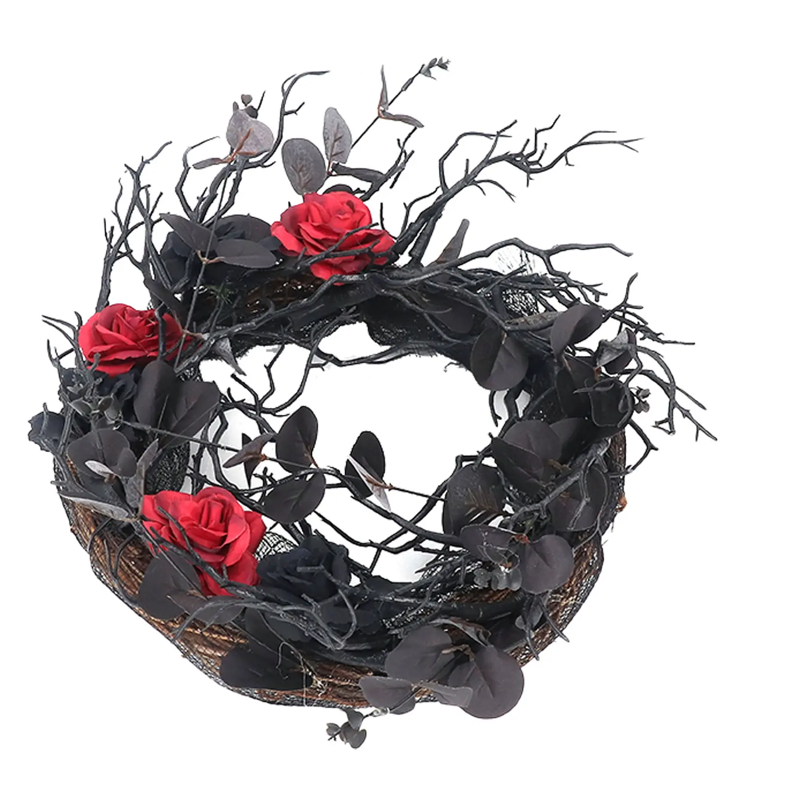 ABS Wreath Garland Halloween Wreath Dead Black ABS Artificial Branches Design with Red Flower Door Wreath Garland for Decoration
