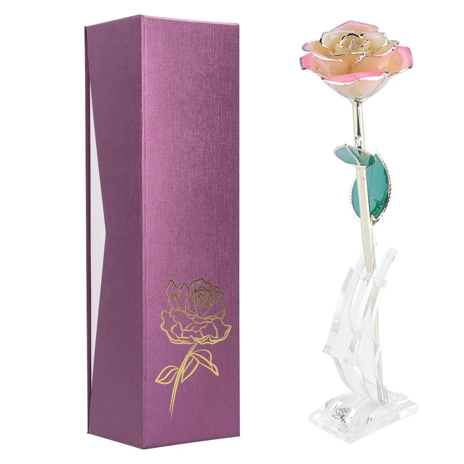 24K Gold Plating Flower White   Green Leaf Base Gift Decoration for Valentine's Day Golded  Flower  Flower Gift