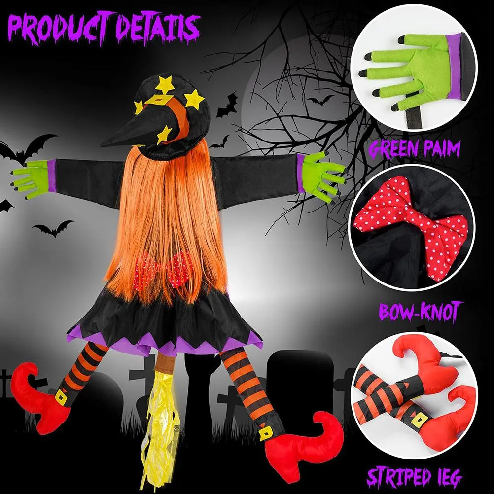 Crashing Witch Into Tree Halloween Decoration Props Reusable Hanging Crashing Witch with Broom Halloween Decoration Props