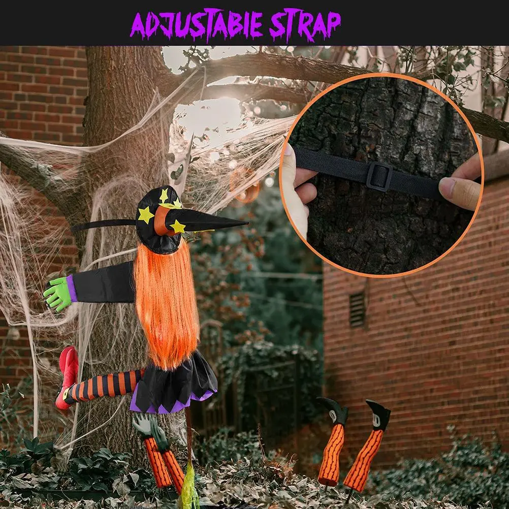 Crashing Witch Into Tree Halloween Decoration Props Reusable Hanging Crashing Witch with Broom Halloween Decoration Props