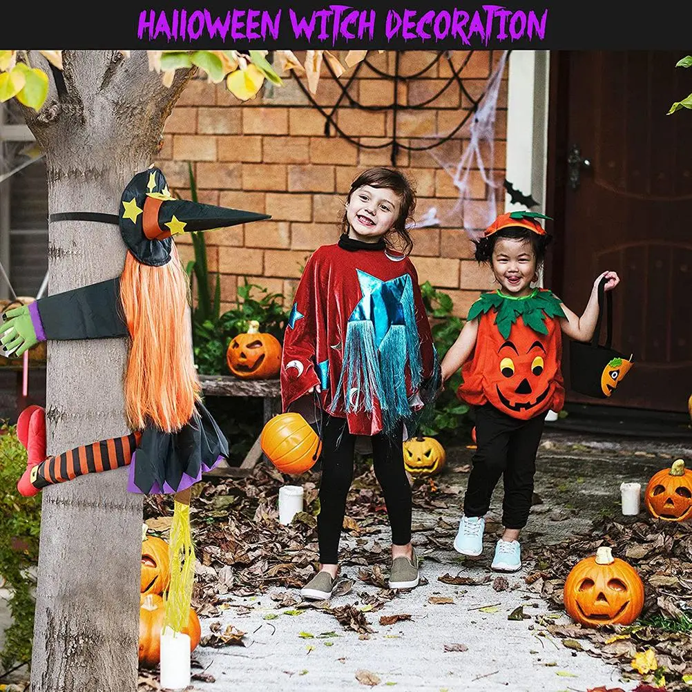 Crashing Witch Into Tree Halloween Decoration Props Reusable Hanging Crashing Witch with Broom Halloween Decoration Props