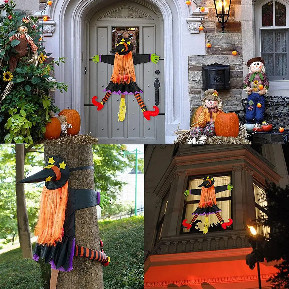 Crashing Witch Into Tree Halloween Decoration Props Reusable Hanging Crashing Witch with Broom Halloween Decoration Props