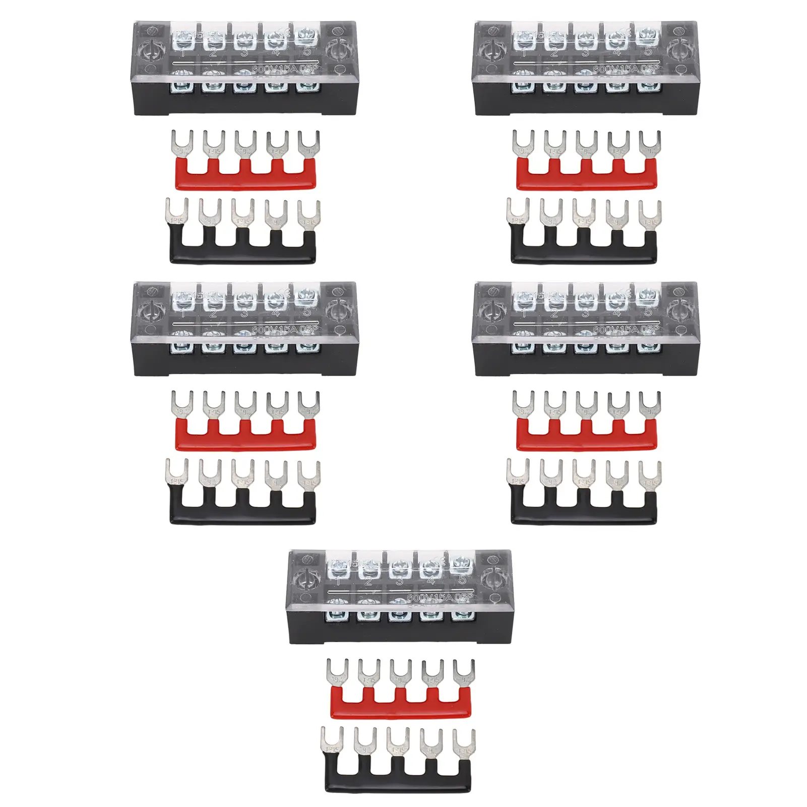 5 Sets Power Distribution Block M3 Screw Terminal 5 Terminals Bus Bar 600V 15A for Automobile Boat Stud Power Distribution Block