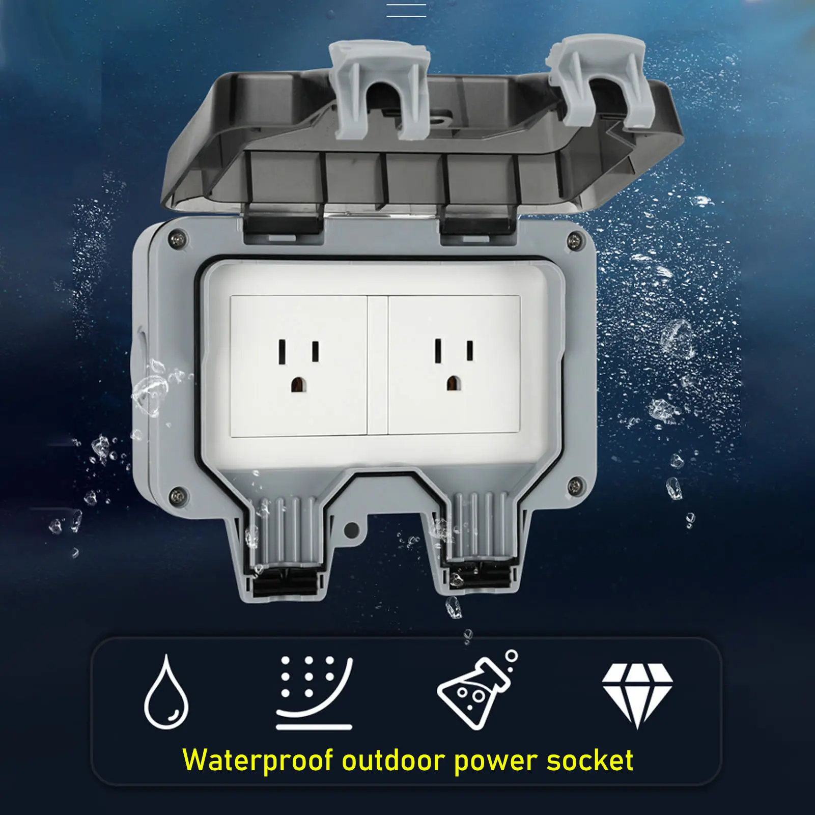 Outdoor IP66 Waterproof Wall Power Socket 2 Sockets Rainproof Charging Outlet 15A Outdoor Waterproof Outlet Wall Power Socket