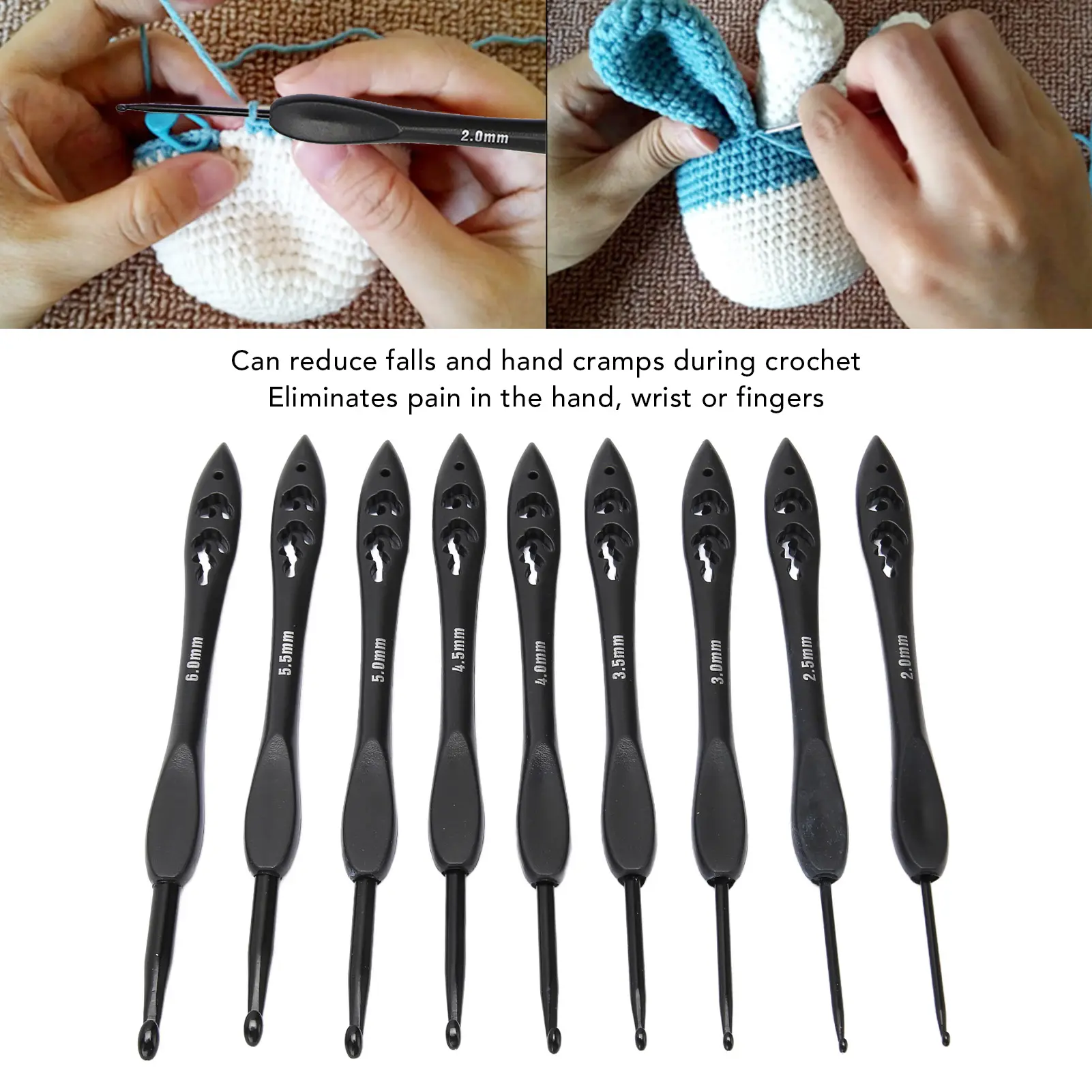 Crochet Hooks Set 2.0 to 6.0mm Ergonomic Handle Reduce Cramps Aluminum Crochet Hook for Crochet Lovers Black Crochet Hooks