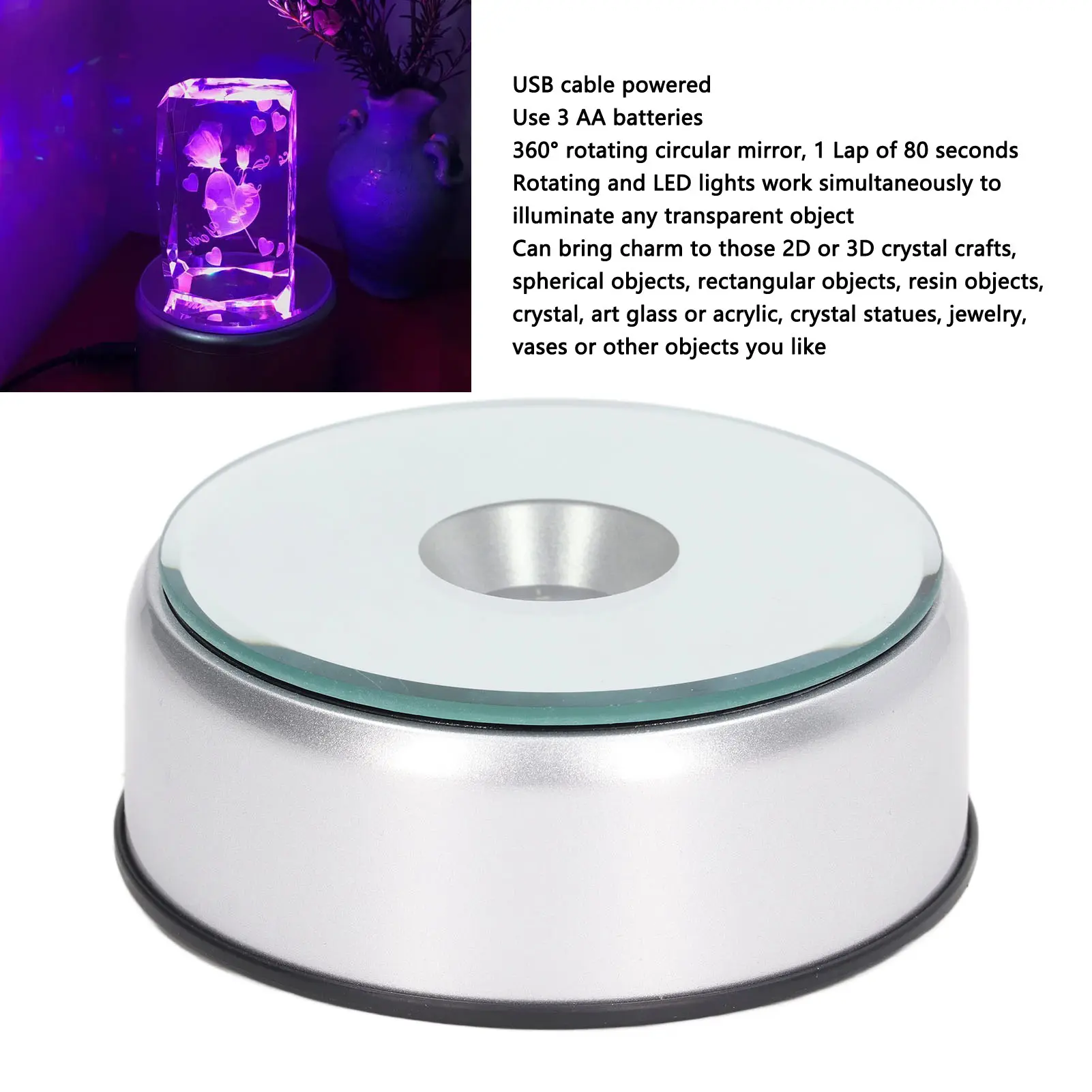 Display Rotating Stand Rotating Display Stand 360° Rotating LED Lights 80 Seconds Per Lap LED Display Base for Cups Crystals