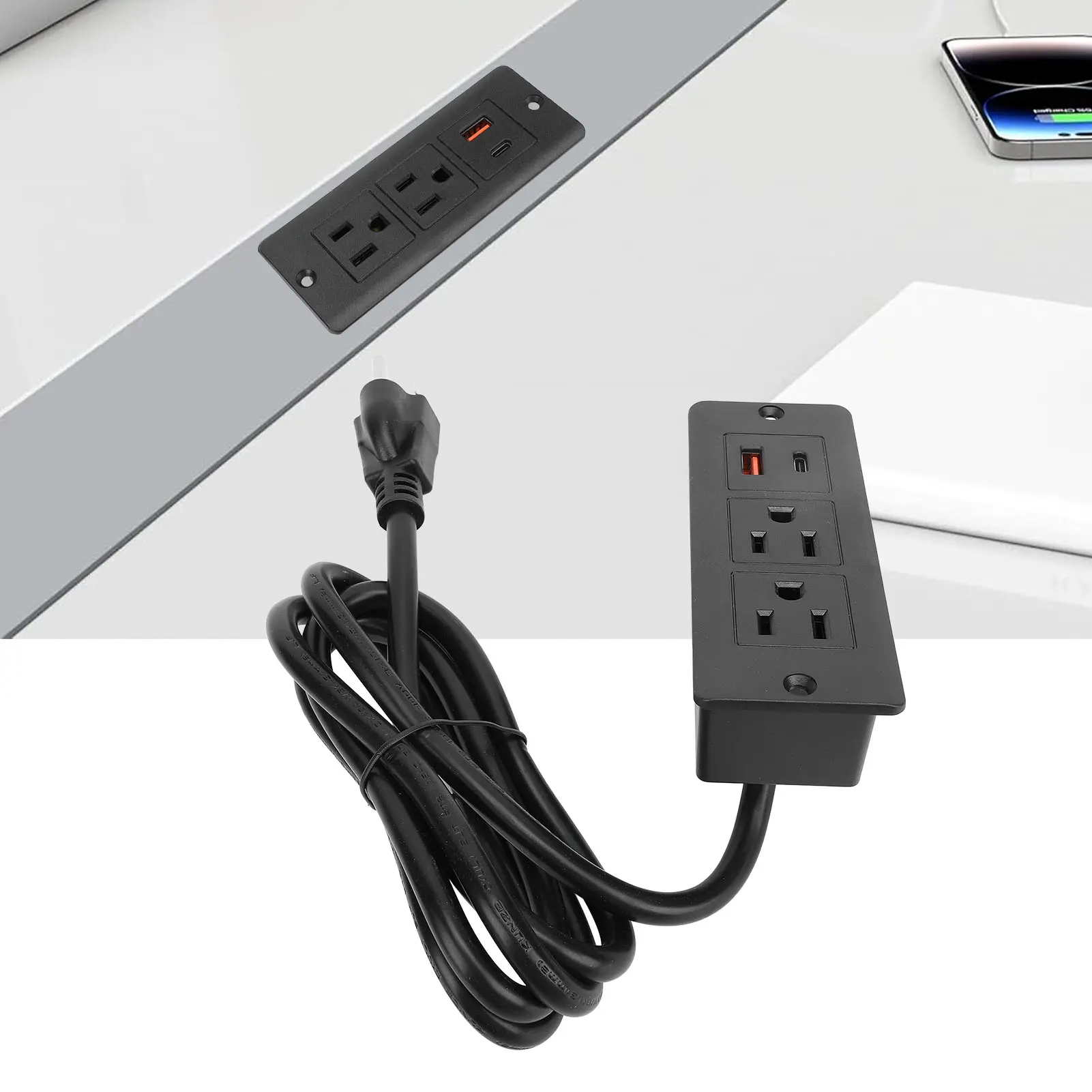 Recessed Power Strip US Standard 125V 12A 1.5m Cord 2 Outlets Versatile 2 USB Ports Desk Outlet 1500W for Mechanical Equipment