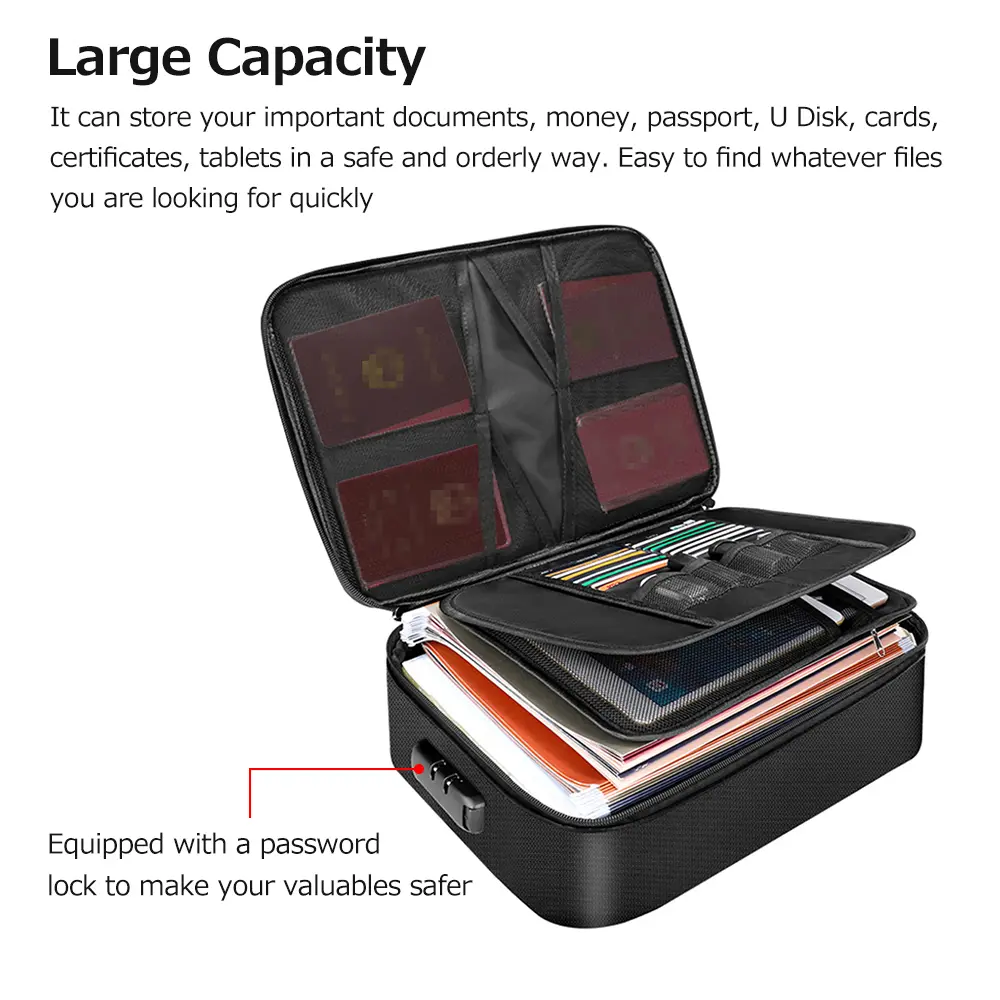 Multifunctional Multi-Layer Document Bag Large Capacity Fireproof Waterproof File Certificate Storage Bag with Password Lock