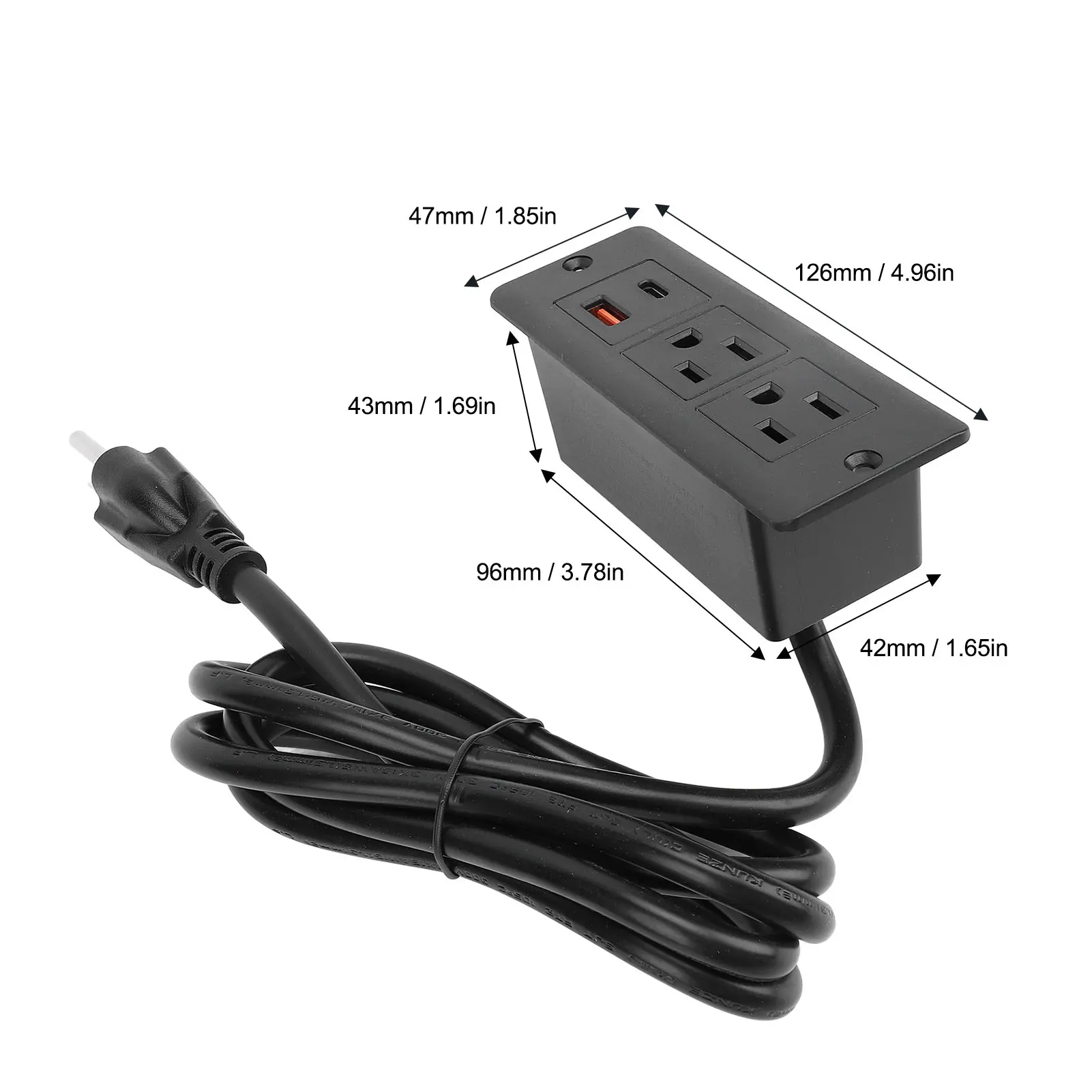 Recessed Power Strip US Standard 125V 12A 1.5m Cord 2 Outlets Versatile 2 USB Ports Desk Outlet 1500W for Mechanical Equipment