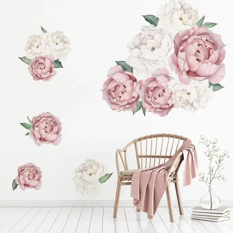 Pink White Watercolor Peony Flowers Wall Stickers for Kids Room Living Room Bedroom Home Decoration Wall Decal Home Decor Floral