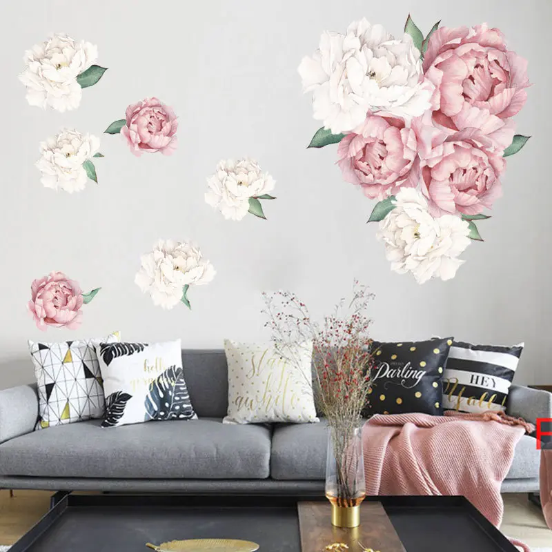 Pink White Watercolor Peony Flowers Wall Stickers for Kids Room Living Room Bedroom Home Decoration Wall Decal Home Decor Floral