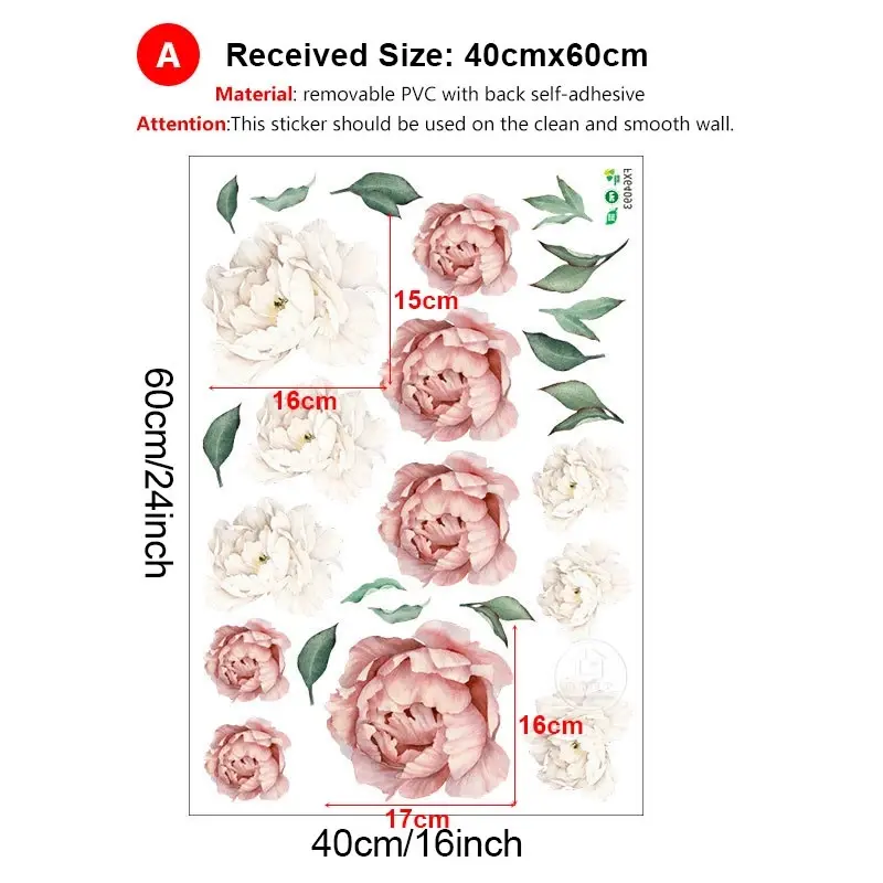 Pink White Watercolor Peony Flowers Wall Stickers for Kids Room Living Room Bedroom Home Decoration Wall Decal Home Decor Floral