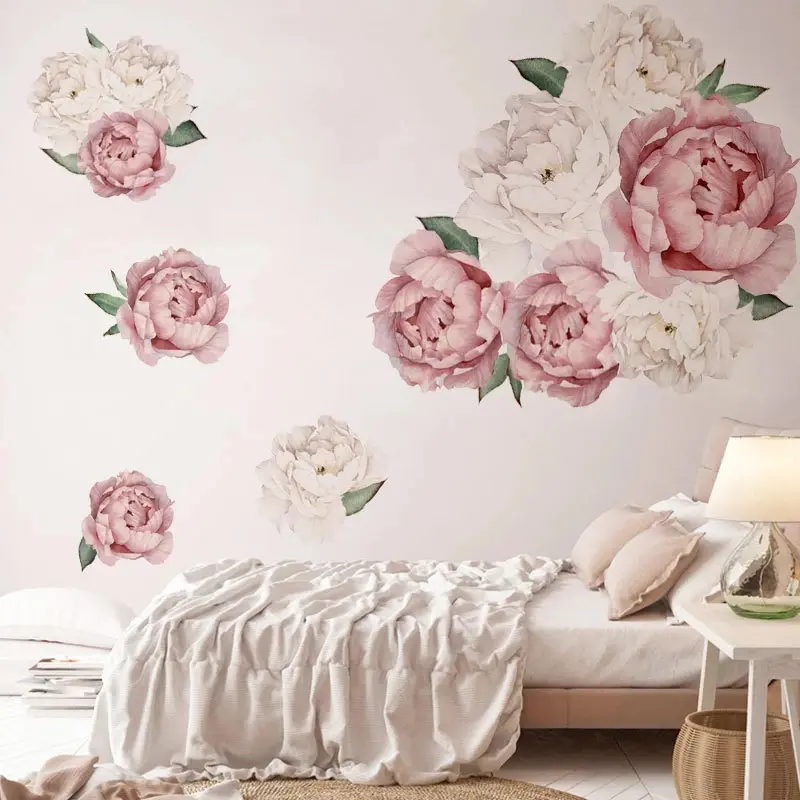 Pink White Watercolor Peony Flowers Wall Stickers for Kids Room Living Room Bedroom Home Decoration Wall Decal Home Decor Floral