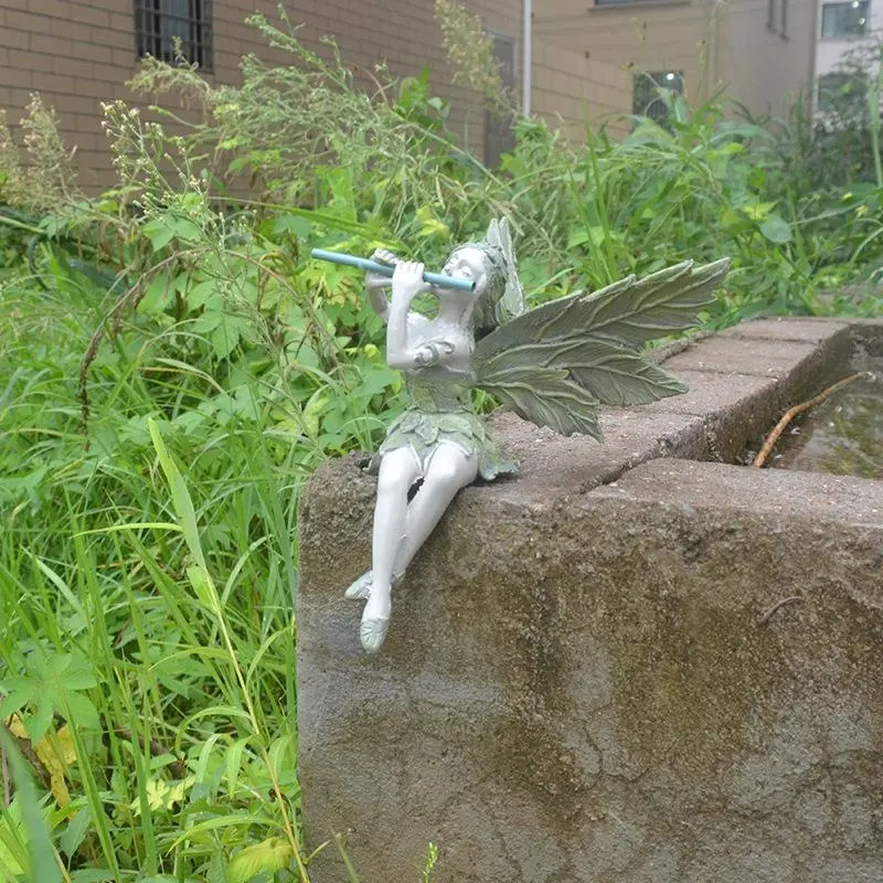 Playing The Flute Fairy Statue Angel Garden Sculpture Decoration Outdoor Garden Lawn Courtyard Resin Crafts