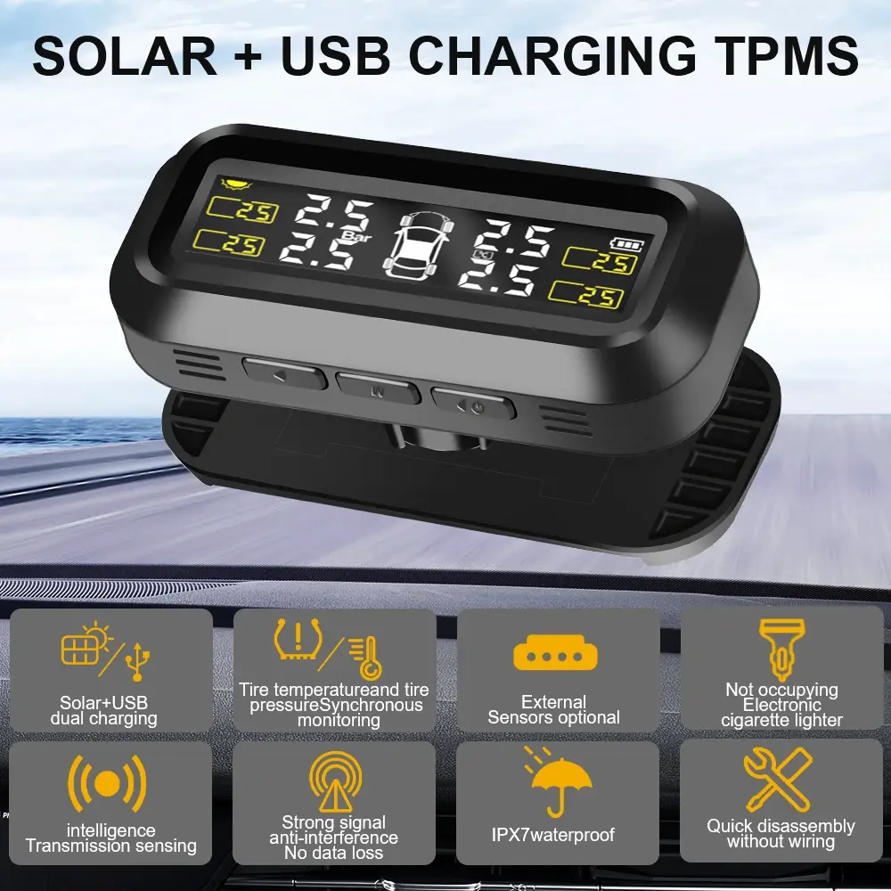 New Tire Pressure Monitoring System Temperature Warning Fuel Save With 4 External Sensors Solar TPMS Car Tyre Pressure Monitor