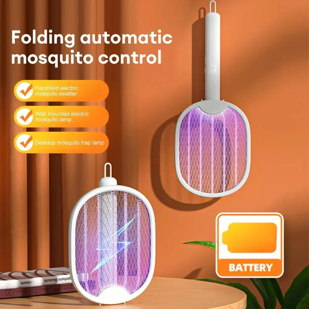 Foldable Electric Mosquito Killer USB Rechargeable Fly Trap Mosquito Swatter Racket Insect Killer with UV Light Bug Zapper 3000V