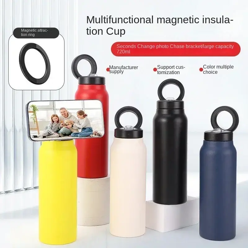 24 Oz Insulated Stainless Steel Sports Water Bottle With Straw Outdoor Insulated Water Mug With Magnetic Phone Holder Thermos