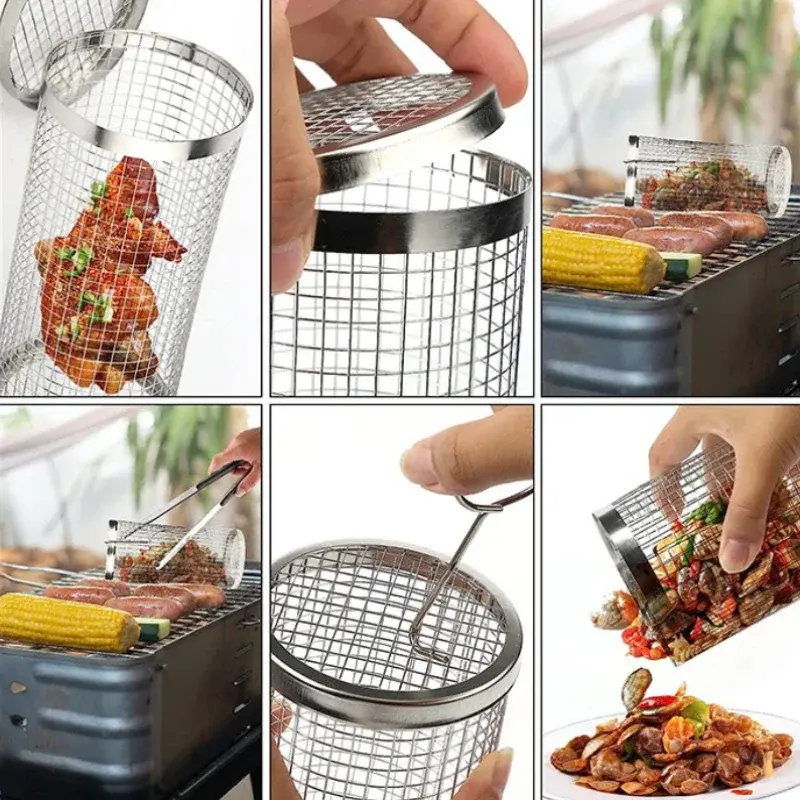 Stainless Steel Grill Basket Portable Barbecue Cage Rolling Grilling Basket Useful BBQ Grill Basket Outdoor Grill Accessories