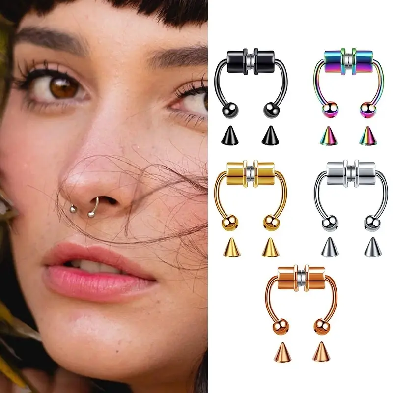 5pcs Stainless Steel Magnet Fake Nose Ring Hoop Fake Piercing Hoop Septum Rings for Women Fashion Gothic Rock Body Jewelry Gifts