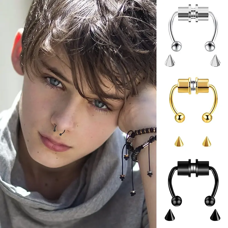 5pcs Stainless Steel Magnet Fake Nose Ring Hoop Fake Piercing Hoop Septum Rings for Women Fashion Gothic Rock Body Jewelry Gifts