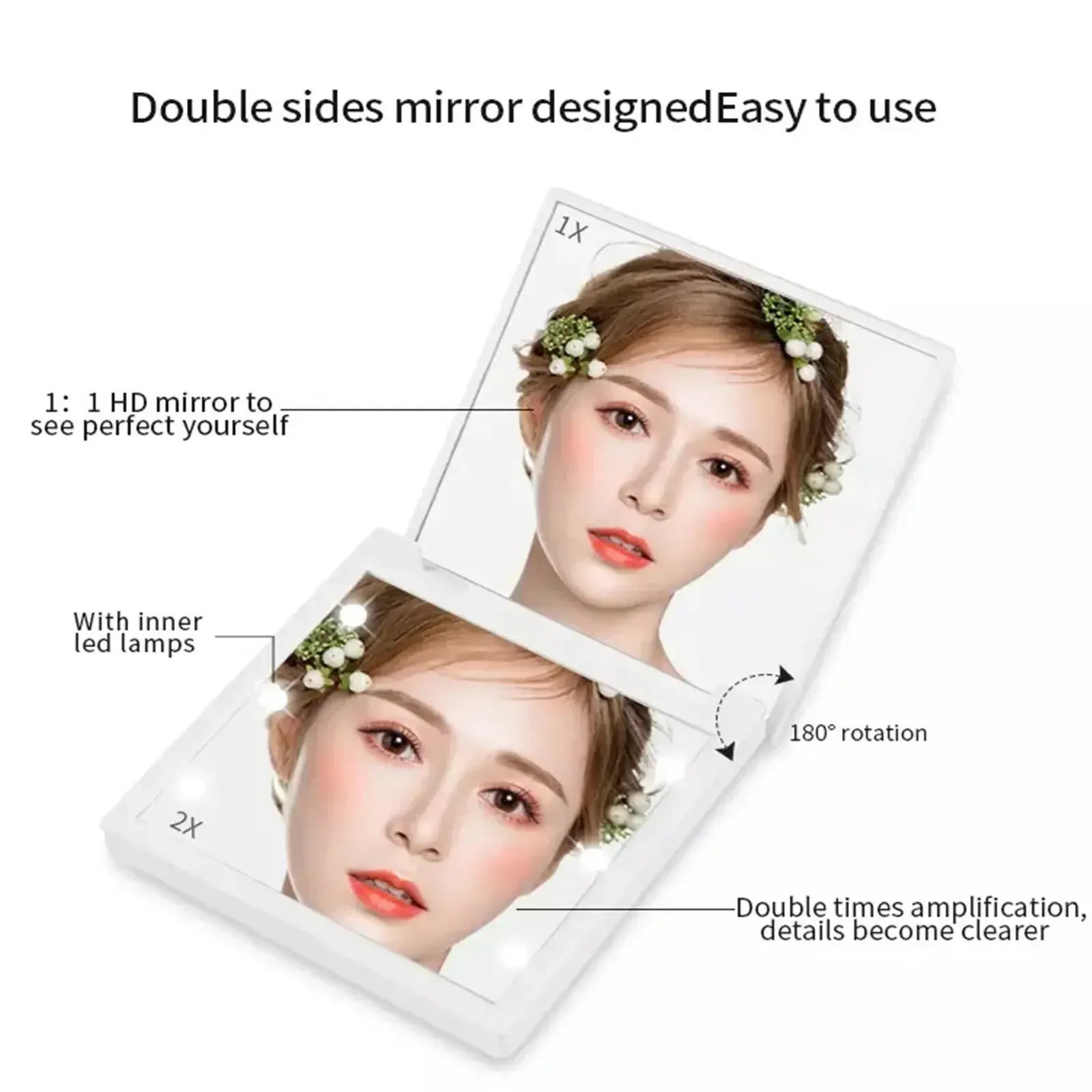 6 Led Makeup Mirror With Light 1x 2x Magnifying Small Pocket Portable Travel Pink Black White Foldable Cosmetics Vanity Mirrors