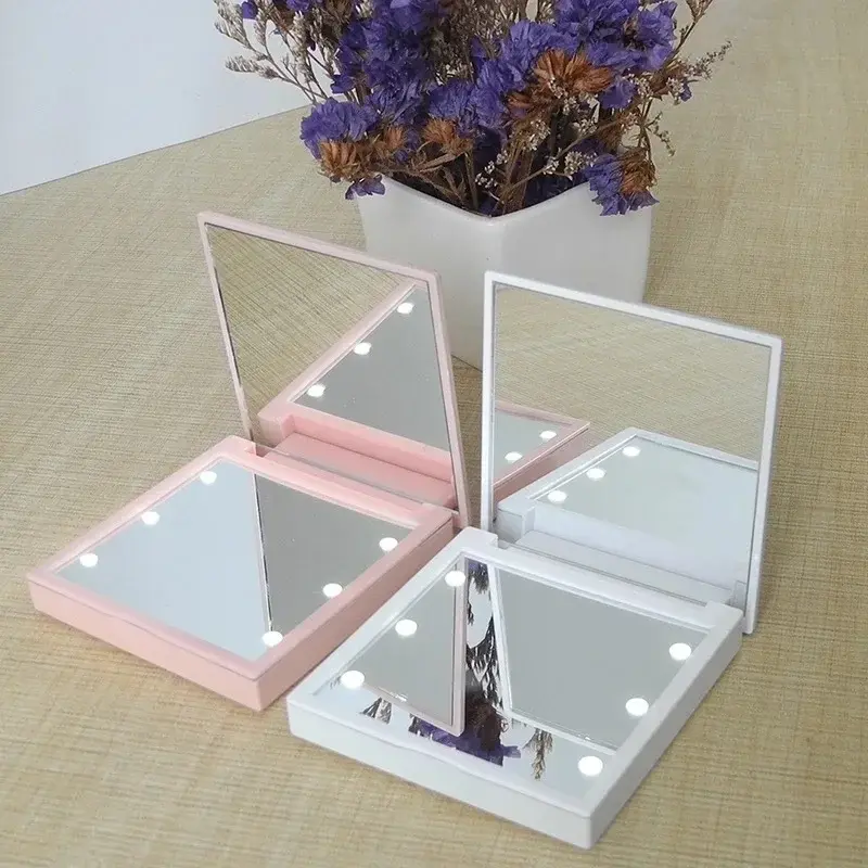 6 Led Makeup Mirror With Light 1x 2x Magnifying Small Pocket Portable Travel Pink Black White Foldable Cosmetics Vanity Mirrors
