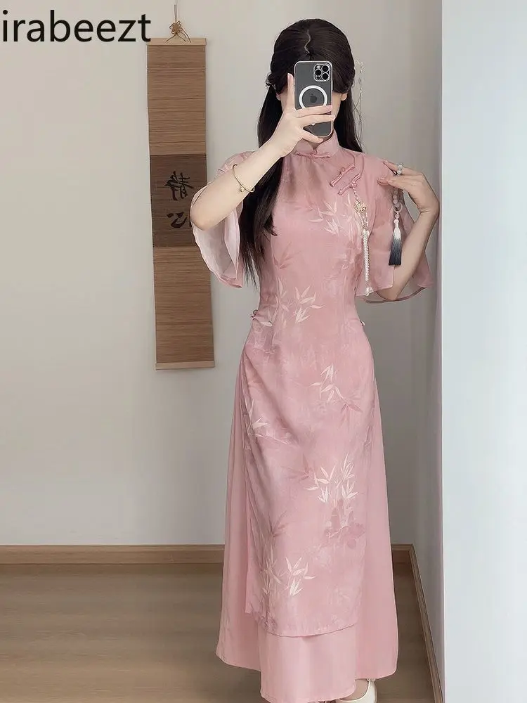 New Chinese Style Pink Ao Dai Cheongsam Dress Slim Fit Summer Tea RobeCasual Elegant Women Fashion Vestidos Elegantes Para Mujer