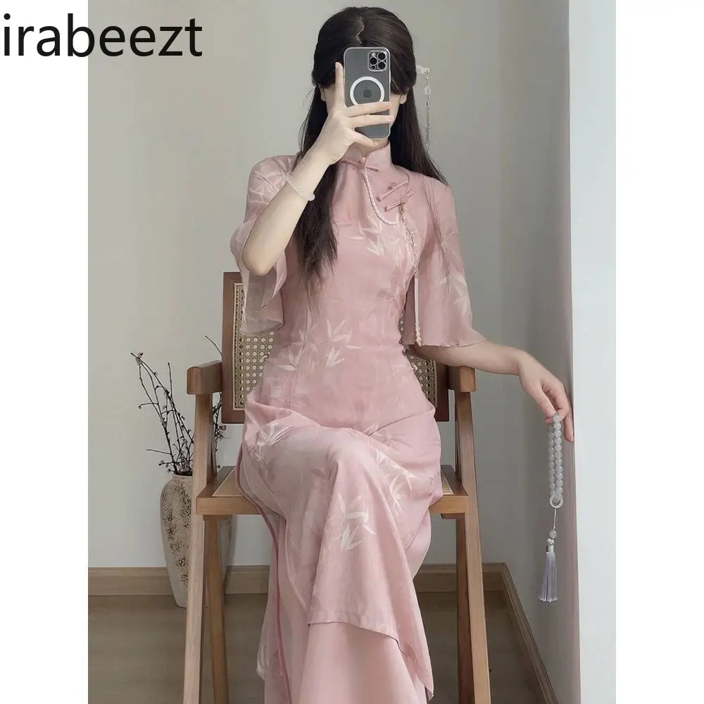 New Chinese Style Pink Ao Dai Cheongsam Dress Slim Fit Summer Tea RobeCasual Elegant Women Fashion Vestidos Elegantes Para Mujer