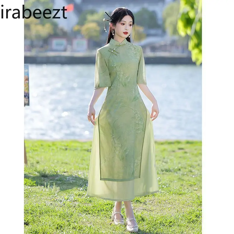 New Chinese Style Pink Ao Dai Cheongsam Dress Slim Fit Summer Tea RobeCasual Elegant Women Fashion Vestidos Elegantes Para Mujer