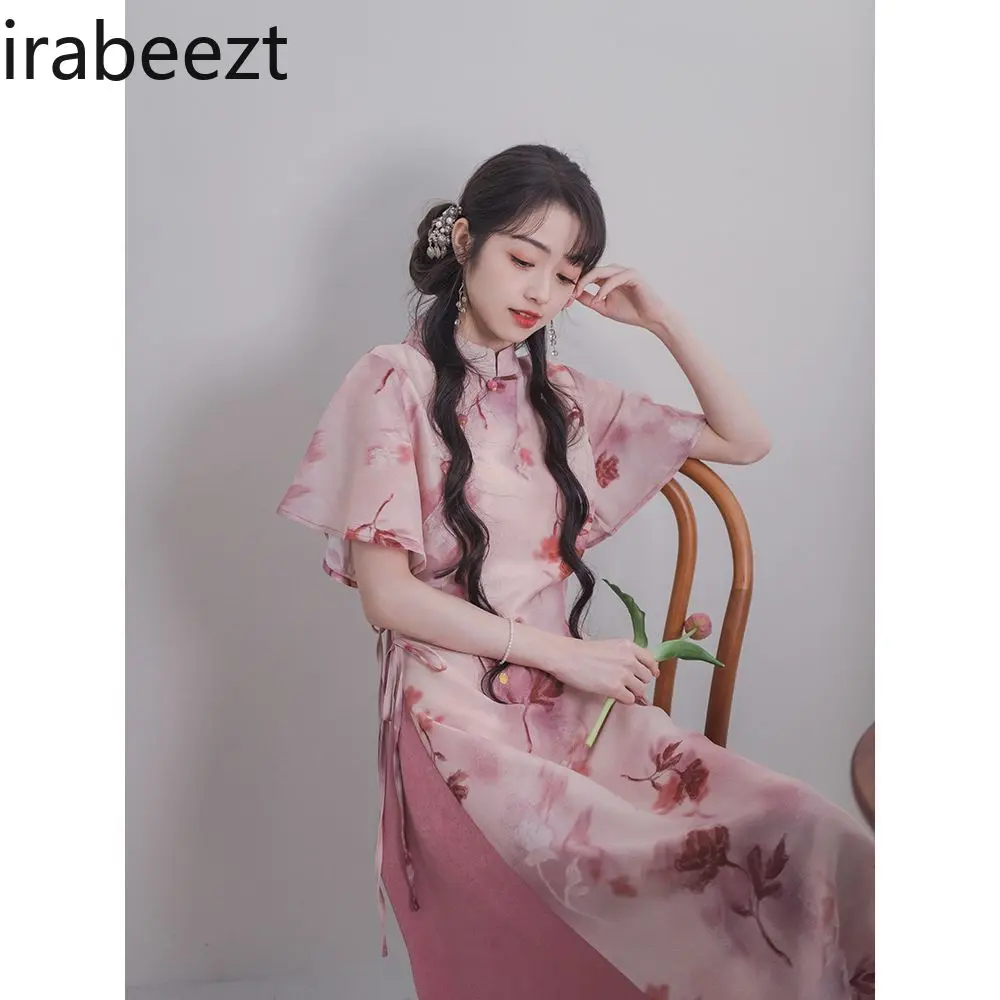 New Chinese Style Pink Ao Dai Cheongsam Dress Slim Fit Summer Tea RobeCasual Elegant Women Fashion Vestidos Elegantes Para Mujer