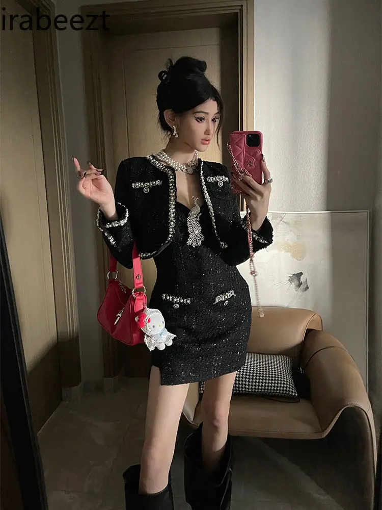 High-grade Autumn and Winter Suspender Skirt Short Jacket Heavy Beading Suit Festival Outfit Sexy Two Piece Set Women