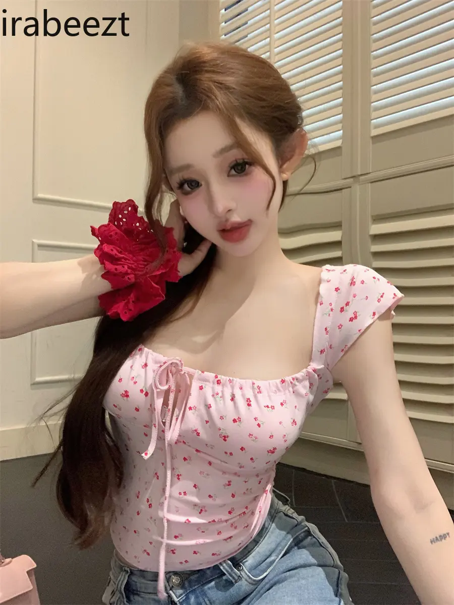 Pink Floral One-shoulder Small Flying Sleeve T-shirt for Women in Summer Slim Sexy Sweet Hot Girl Short Chic Beautiful Top