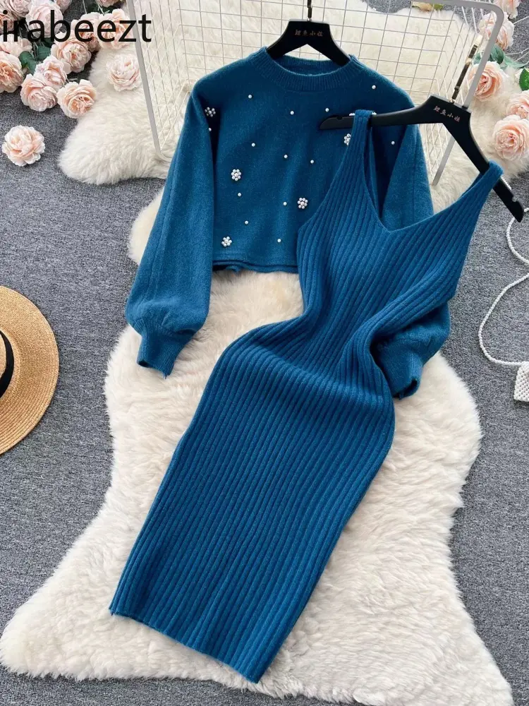 Autumn and Winter Knitted Sweater Sleeveless Robe Two-piece Set Women's Inner Wear Below The Knee Mid-length Bottoming Dress