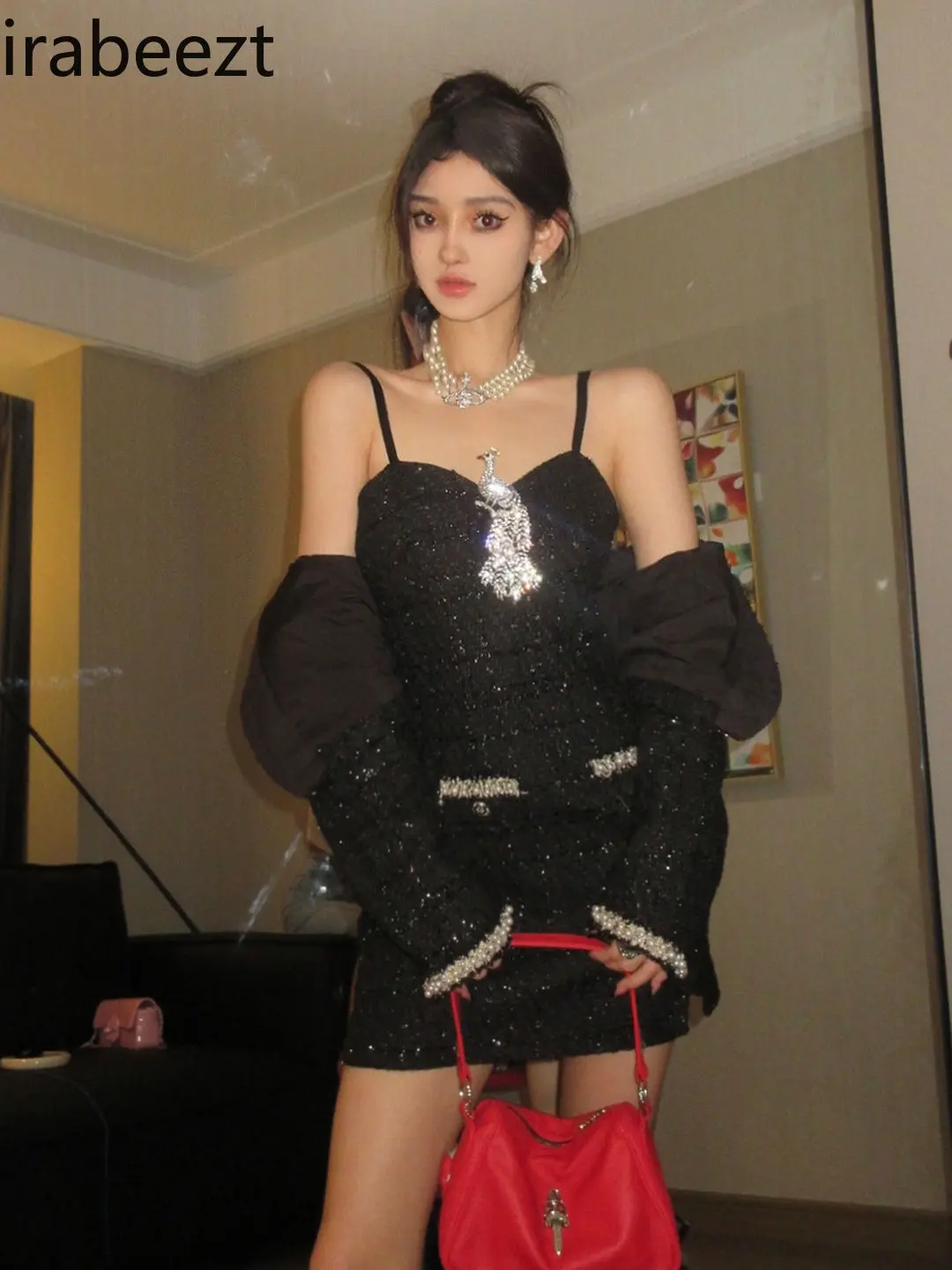 High-grade Autumn and Winter Suspender Skirt Short Jacket Heavy Beading Suit Festival Outfit Sexy Two Piece Set Women