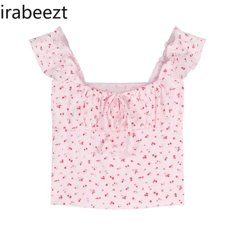 Pink Floral One-shoulder Small Flying Sleeve T-shirt for Women in Summer Slim Sexy Sweet Hot Girl Short Chic Beautiful Top