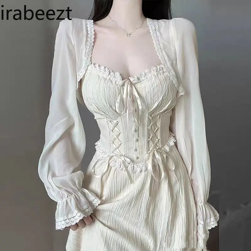 Fashion Large Size Fat Girl French New Design Fairy Dress Suit Sexy Suspender Robe Two-piece Suit Conjunto Femenino