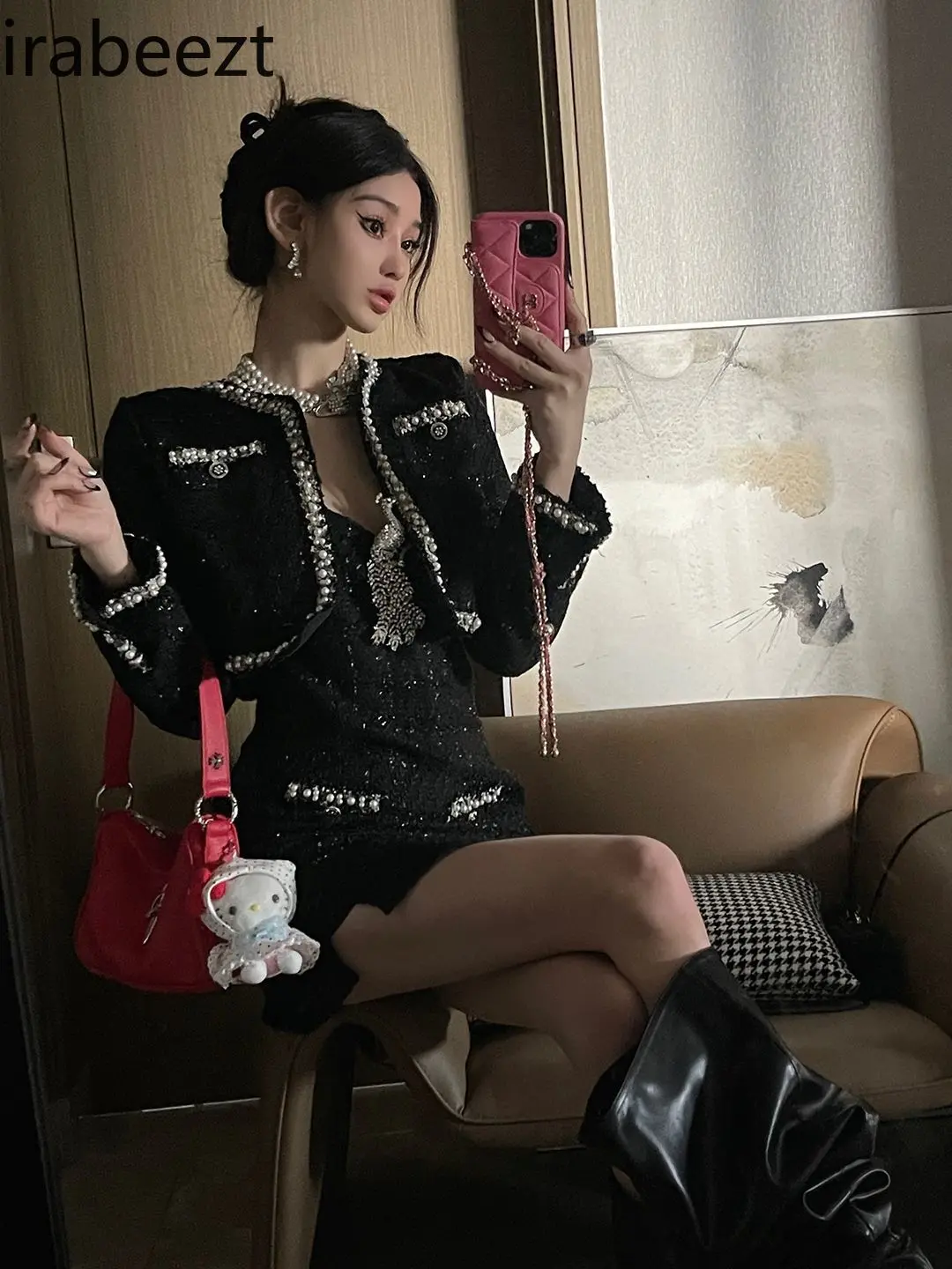 High-grade Autumn and Winter Suspender Skirt Short Jacket Heavy Beading Suit Festival Outfit Sexy Two Piece Set Women