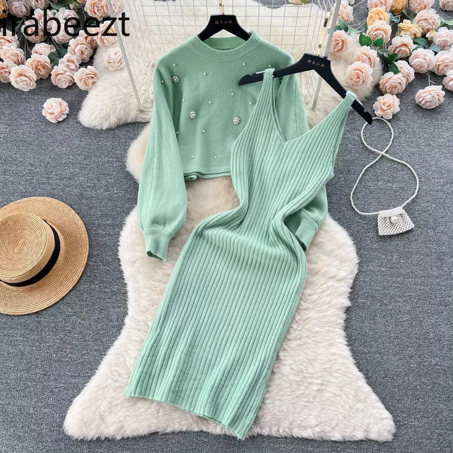 Autumn and Winter Knitted Sweater Sleeveless Robe Two-piece Set Women's Inner Wear Below The Knee Mid-length Bottoming Dress