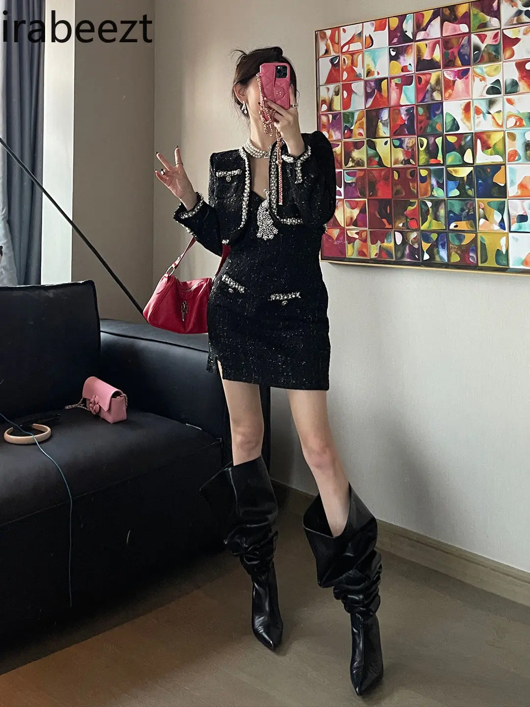 High-grade Autumn and Winter Suspender Skirt Short Jacket Heavy Beading Suit Festival Outfit Sexy Two Piece Set Women