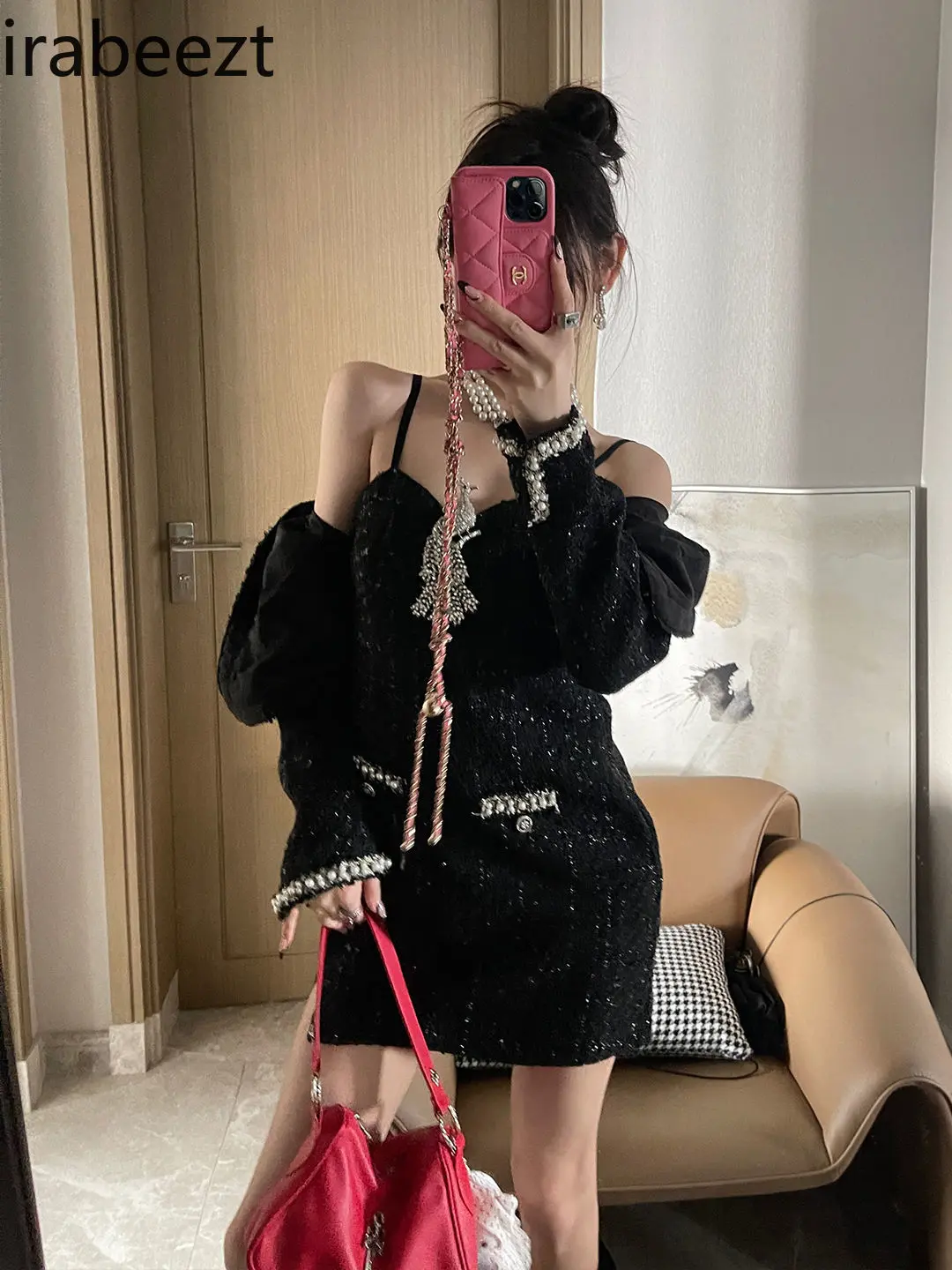 High-grade Autumn and Winter Suspender Skirt Short Jacket Heavy Beading Suit Festival Outfit Sexy Two Piece Set Women