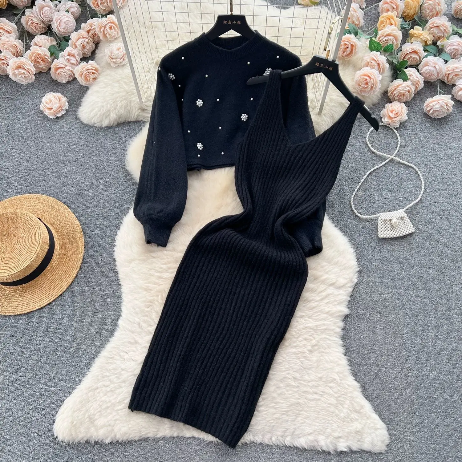 Autumn and Winter Knitted Sweater Sleeveless Robe Two-piece Set Women's Inner Wear Below The Knee Mid-length Bottoming Dress