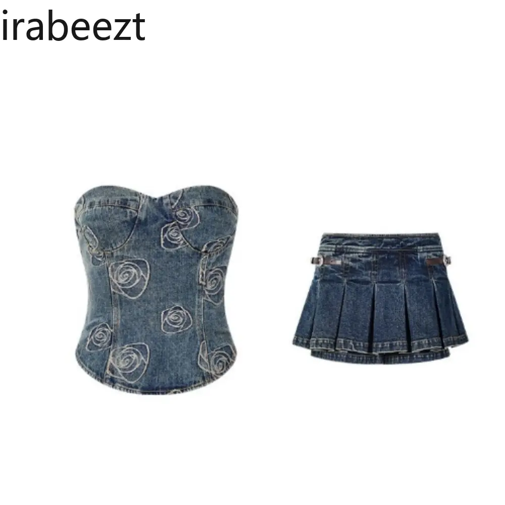 Spice Girl Denim Strapless Top Design Pure Desire Culottes Set Two-piece Female Summer New Conjunto Femenino Roupa Elegante