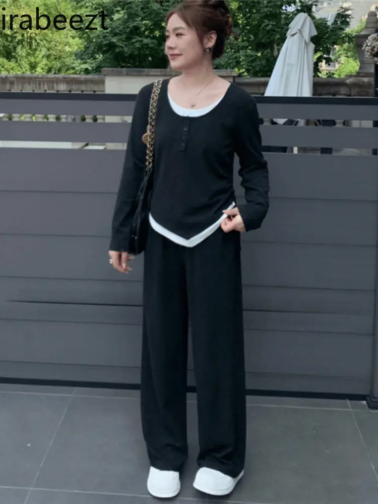 Large Size Giant Slimming Sweater for Women 2024 New Autumn Fake Two-piece Top Straight Pants Knitted Two-piece Set