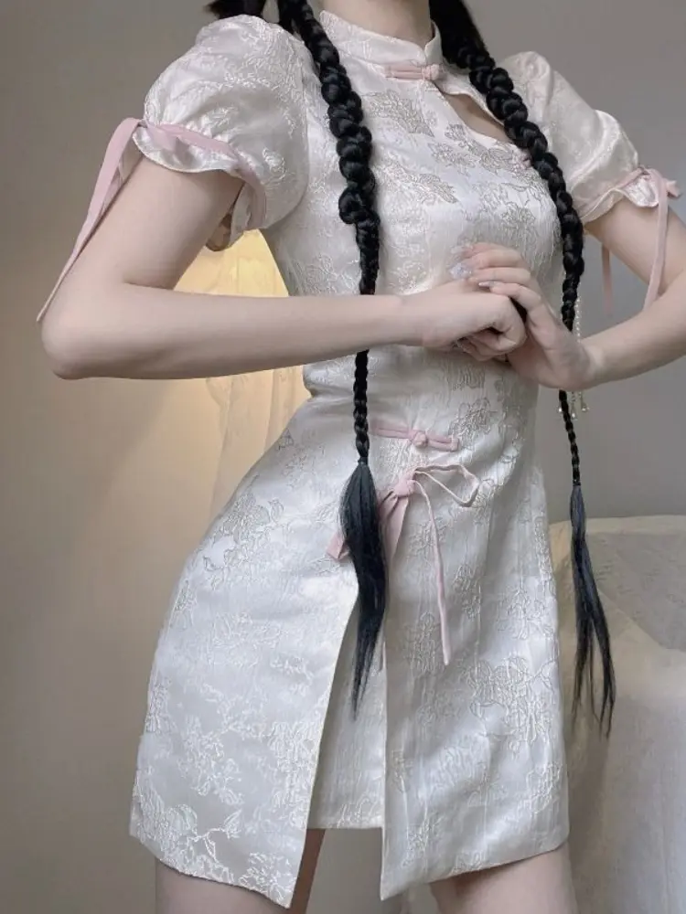 New Chinese Floral Bodycon Dress Women Summer Sweet & Sexy Mini Qipao Style Short Robe Petite Retro Sexy Cheongsam