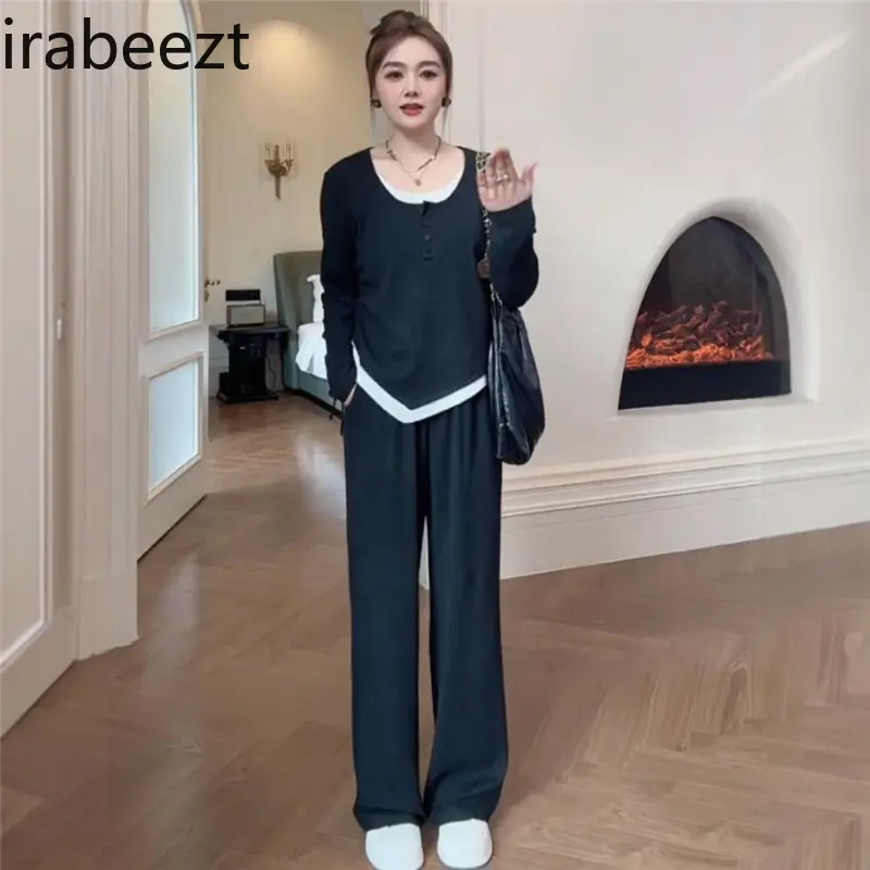 Large Size Giant Slimming Sweater for Women 2024 New Autumn Fake Two-piece Top Straight Pants Knitted Two-piece Set