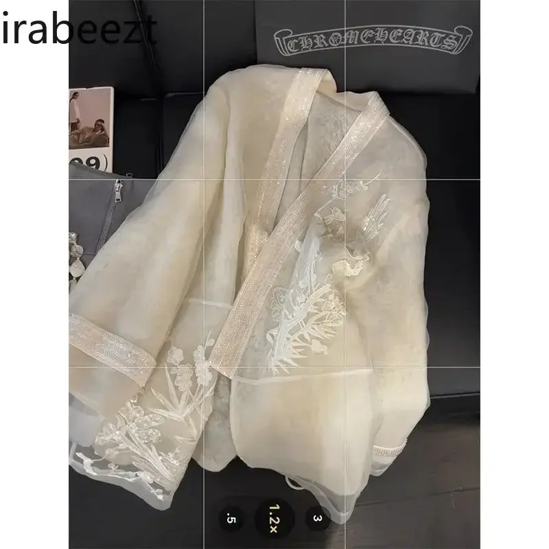 New Chinese Style Embroidered Shirt Women's Mesh Fairy Gentle 2024 New Vintage Zen Cool Top Retro Regular Fit Blouse for Girls
