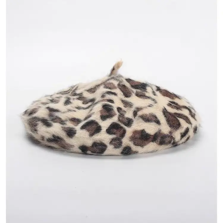 Vintage Beret Leopard Print Painter Cap Super 100 Rabbit Fur Fashion Popular Bud Hat Female Autumn Winter Beret