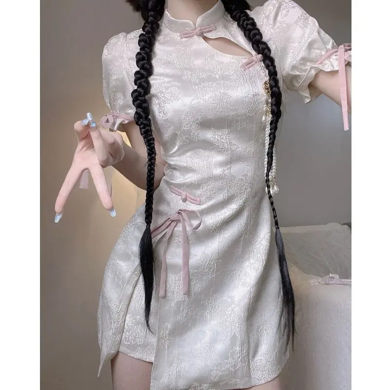 New Chinese Floral Bodycon Dress Women Summer Sweet & Sexy Mini Qipao Style Short Robe Petite Retro Sexy Cheongsam